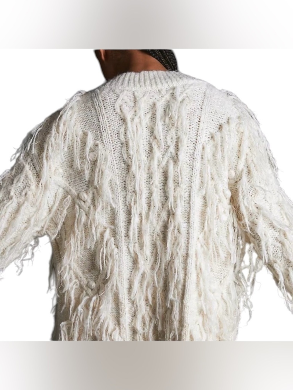 Anthropologie Fringed Sweater Cream Long Sleeve V-Neck Oversized Pullover Sz L - Picture 3 of 7